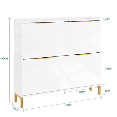 SoBuy FSR206-GW Meuble à Chaussures 100 × 19 × 90 cm, 4 Abattants – Blanc Brillant et Doré