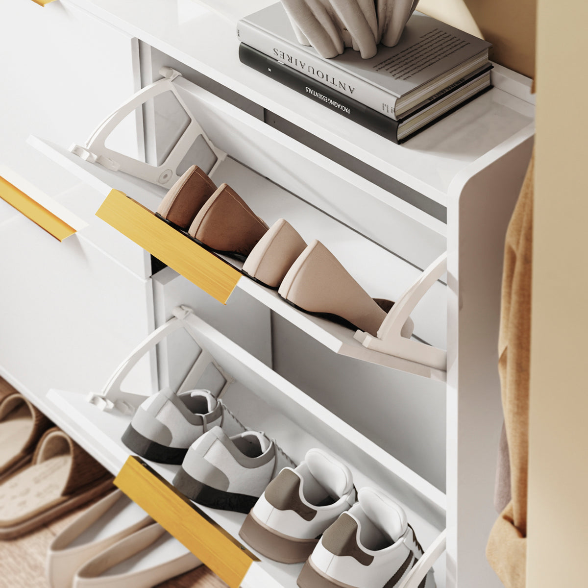 SoBuy FSR206-GW Meuble à Chaussures 100 × 19 × 90 cm, 4 Abattants – Blanc Brillant et Doré