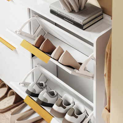 SoBuy FSR206-GW Meuble à Chaussures 100 × 19 × 90 cm, 4 Abattants – Blanc Brillant et Doré