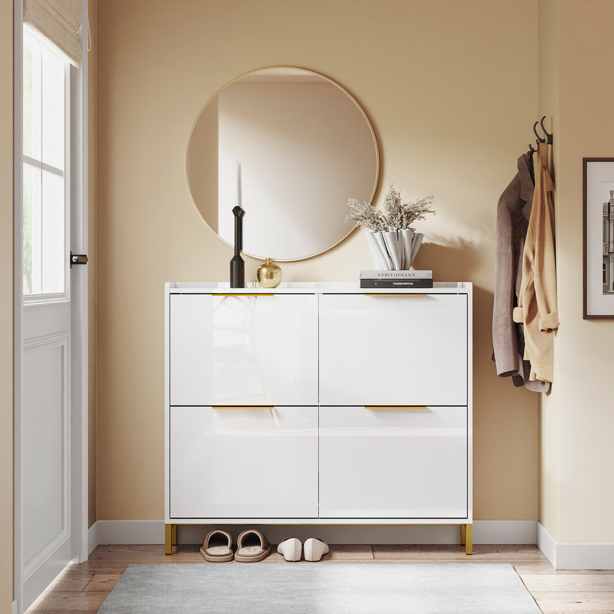 SoBuy FSR206-GW Meuble à Chaussures 100 × 19 × 90 cm, 4 Abattants – Blanc Brillant et Doré