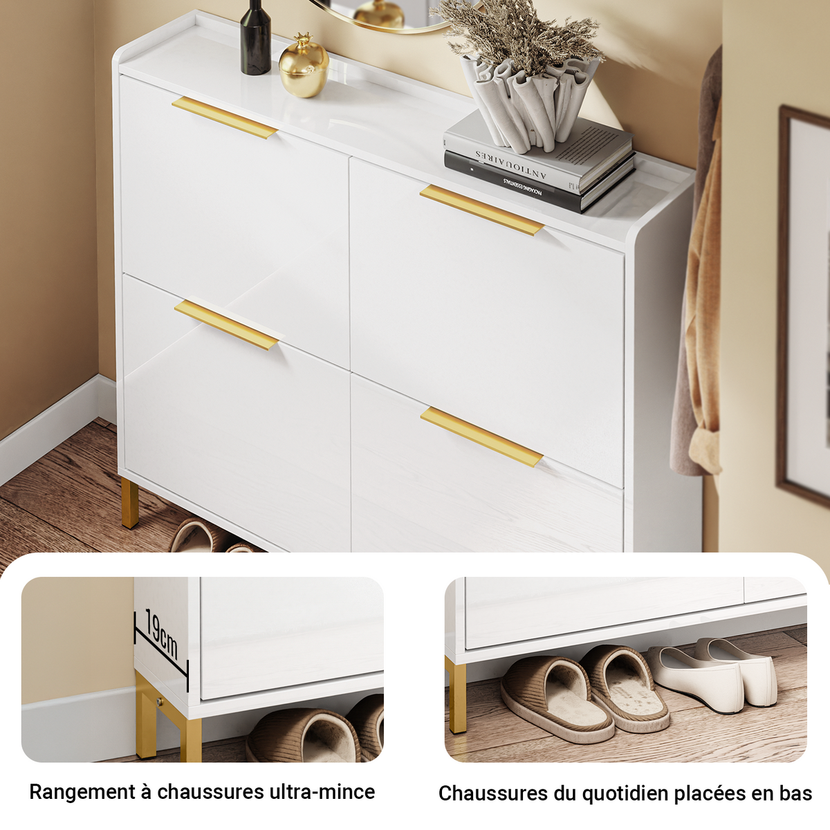 SoBuy FSR206-GW Meuble à Chaussures 100 × 19 × 90 cm, 4 Abattants – Blanc Brillant et Doré