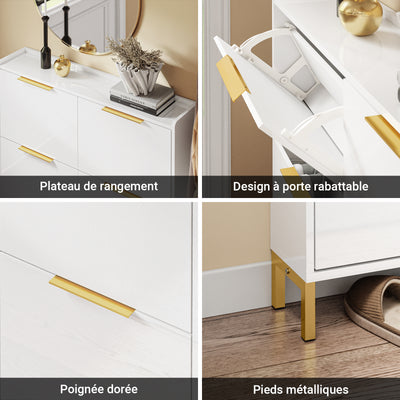 SoBuy FSR206-GW Meuble à Chaussures 100 × 19 × 90 cm, 4 Abattants – Blanc Brillant et Doré