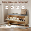 SoBuy FSR211-N Banc à Chaussures avec Assise Rembourrée Lin, 3 Abattants Slim 24cm, 8 Paires Pointure 47, Charge 237 kg pour Entrée – 100x24x50 cm, Naturel