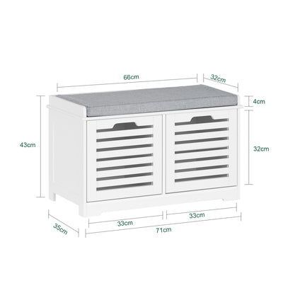 SoBuy FSR23-II-W Banc à Chaussures avec Coussin Rembourré, 2 Portes et 4 Compartiments Ouverts pour Entrée – 71x35x43 cm, Blanc