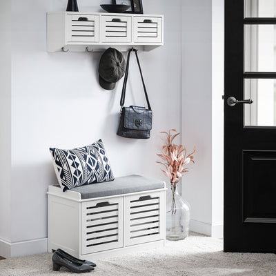 SoBuy FSR23-II-W Banc à Chaussures avec Coussin Rembourré, 2 Portes et 4 Compartiments Ouverts pour Entrée – 71x35x43 cm, Blanc