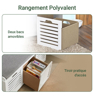 SoBuy FSR23-W Banc à Chaussures avec Coussin Rembourré et 3 Paniers de Rangement pour Entrée – 105x35x43 cm, Blanc