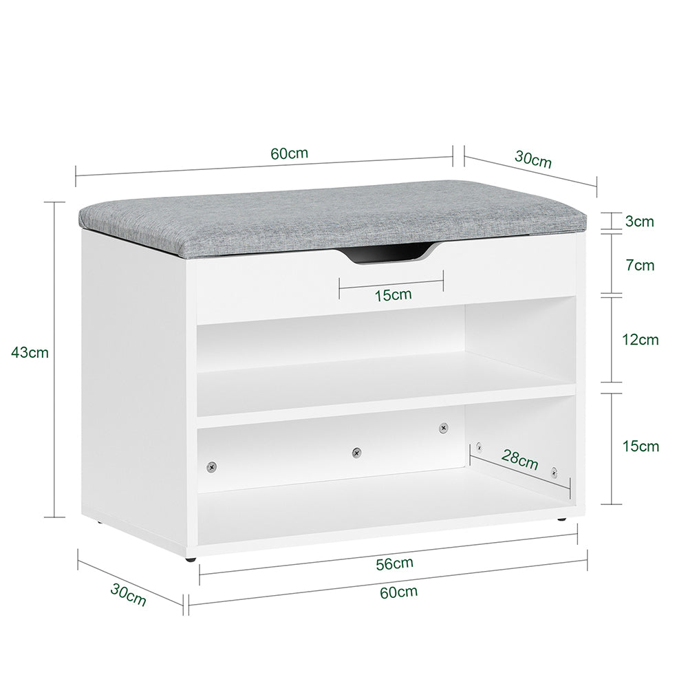 SoBuy FSR25-HG Banc à Chaussures 2 Étages avec Coussin Gris Rembourré pour Entrée Couloir – 60x30x44 cm, Blanc
