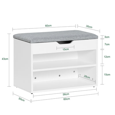 SoBuy FSR25-HG Banc à Chaussures 2 Étages avec Coussin Gris Rembourré pour Entrée Couloir – 60x30x44 cm, Blanc