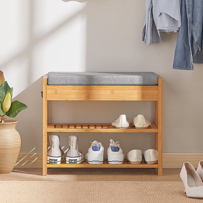 SoBuy FSR49-N Banc à Chaussures en Bambou Massif avec Coussin 8 cm, 2 Étagères et Tiroir – Charge 150 kg – Naturel