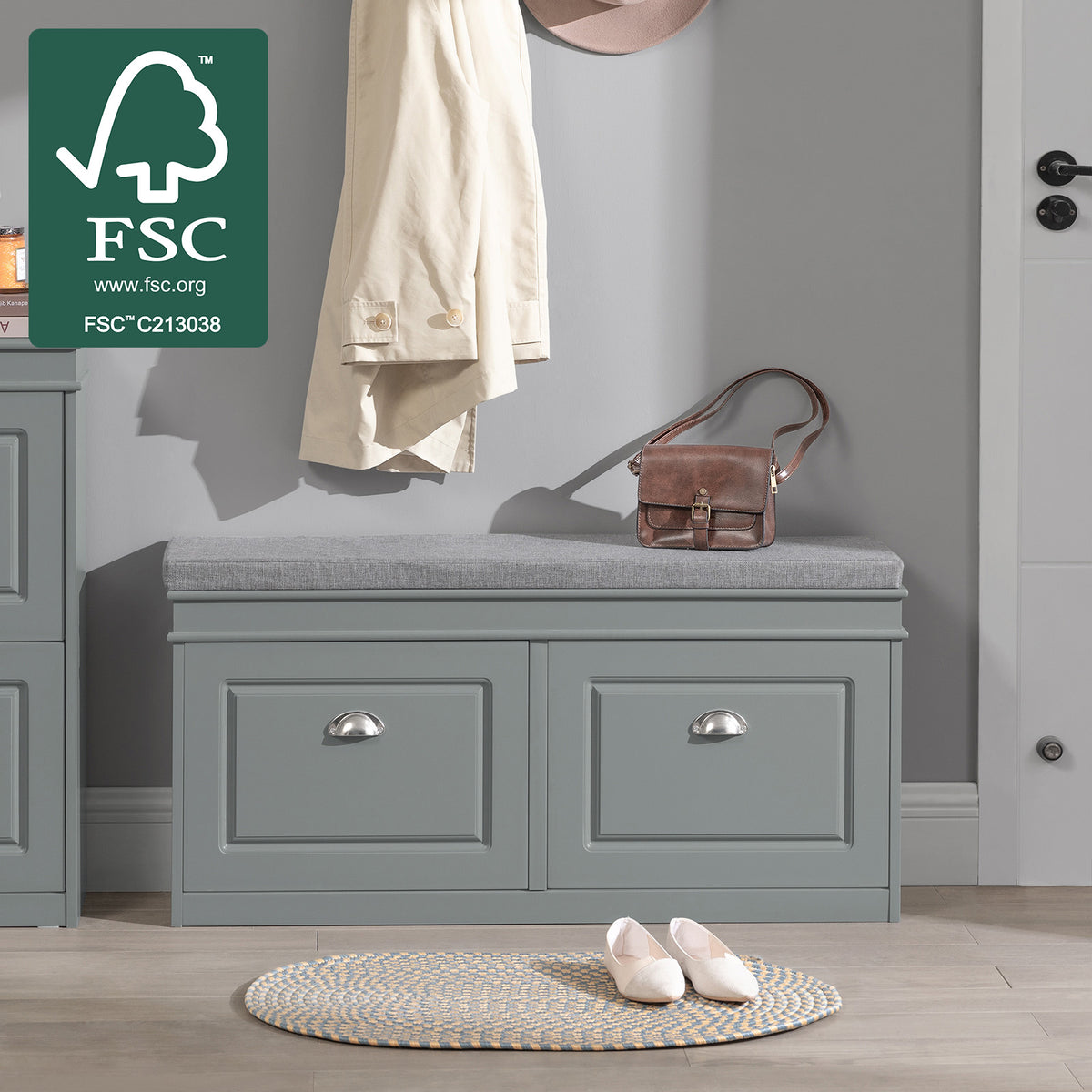 SoBuy FSR64-HG Banc à Chaussures 104 cm avec Coussin Déhoussable et 2 Abattants – Charge 150 kg – Bois FSC – Gris
