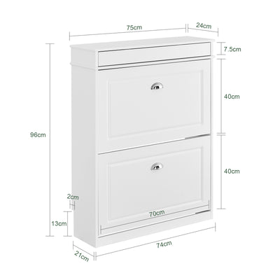 SoBuy FSR78-L-W Armoire à Chaussures Slim 24 cm – 2 Abattants, 12 Paires, Tiroir, Dos Ventilé, 75×24×96 cm, Blanc