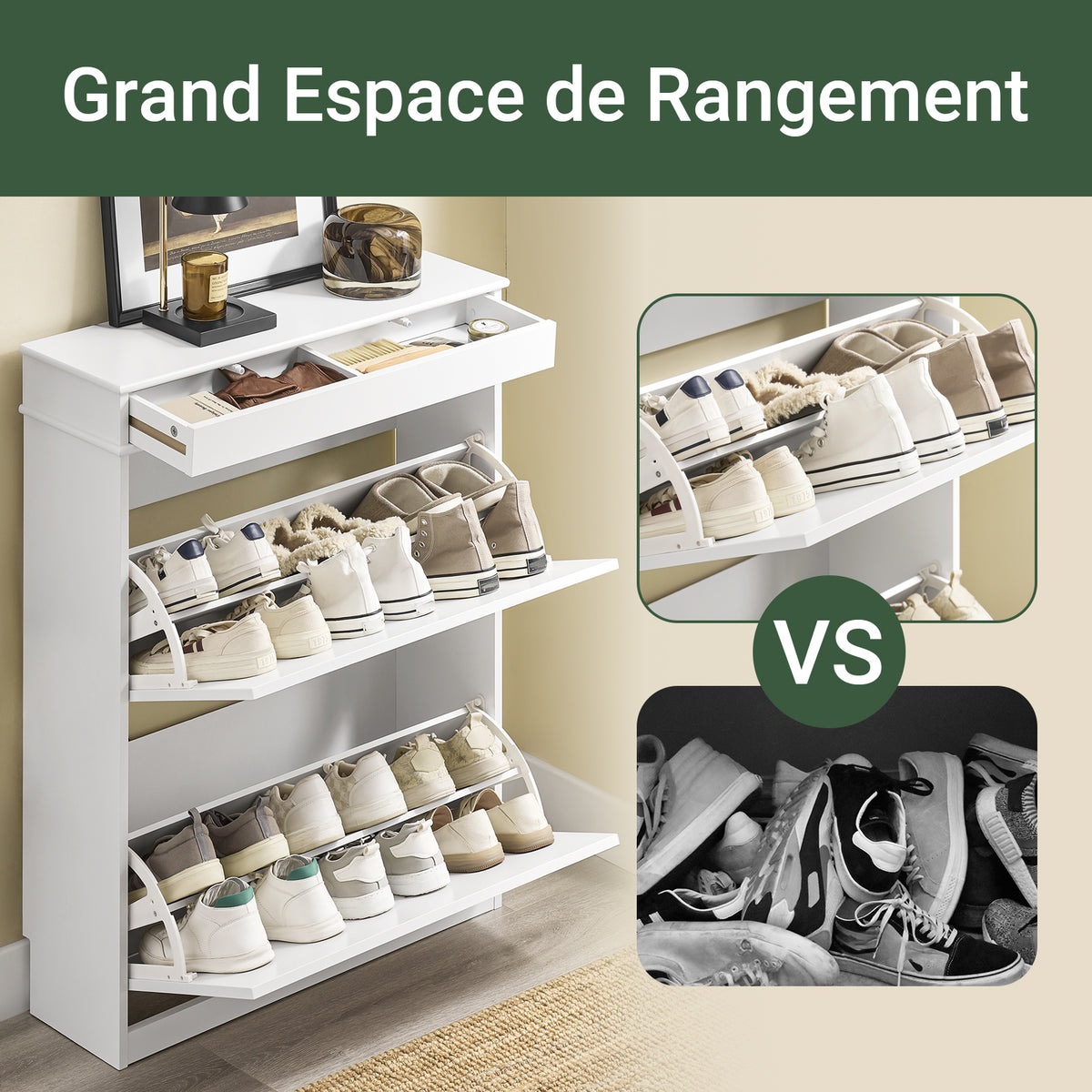 SoBuy FSR78-L-W Armoire à Chaussures Slim 24 cm – 2 Abattants, 12 Paires, Tiroir, Dos Ventilé, 75×24×96 cm, Blanc
