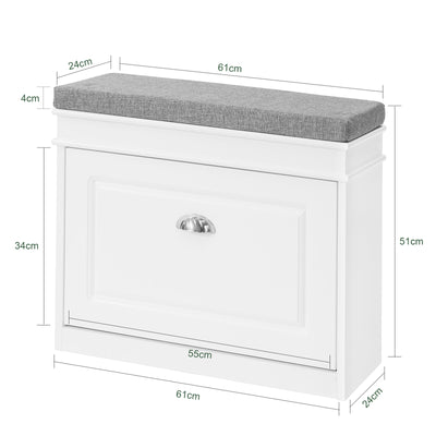 SoBuy FSR82-K-W Banc à chaussures avec assise 60 cm coussin rembourré et abattant slim 24 cm – Blanc FSC®