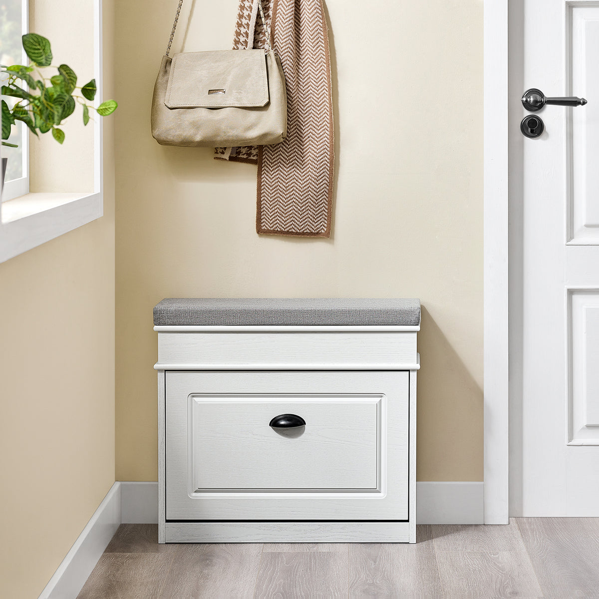 SoBuy FSR64-WG + FSR82-K-WG Ensemble Double Coffre à Chaussures avec Coussin, Rangement Abattant, Gain de Place – Effet Bois Vieilli Blanc