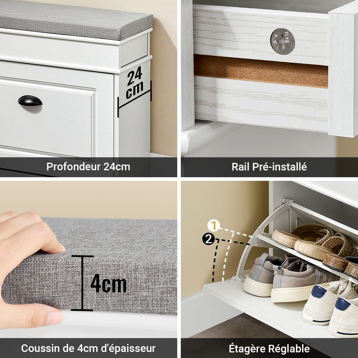 Banc à chaussures blanc effet bois vieilli avec coussin gris 4cm, profondeur 24cm, rail pré-installé et étagère réglable