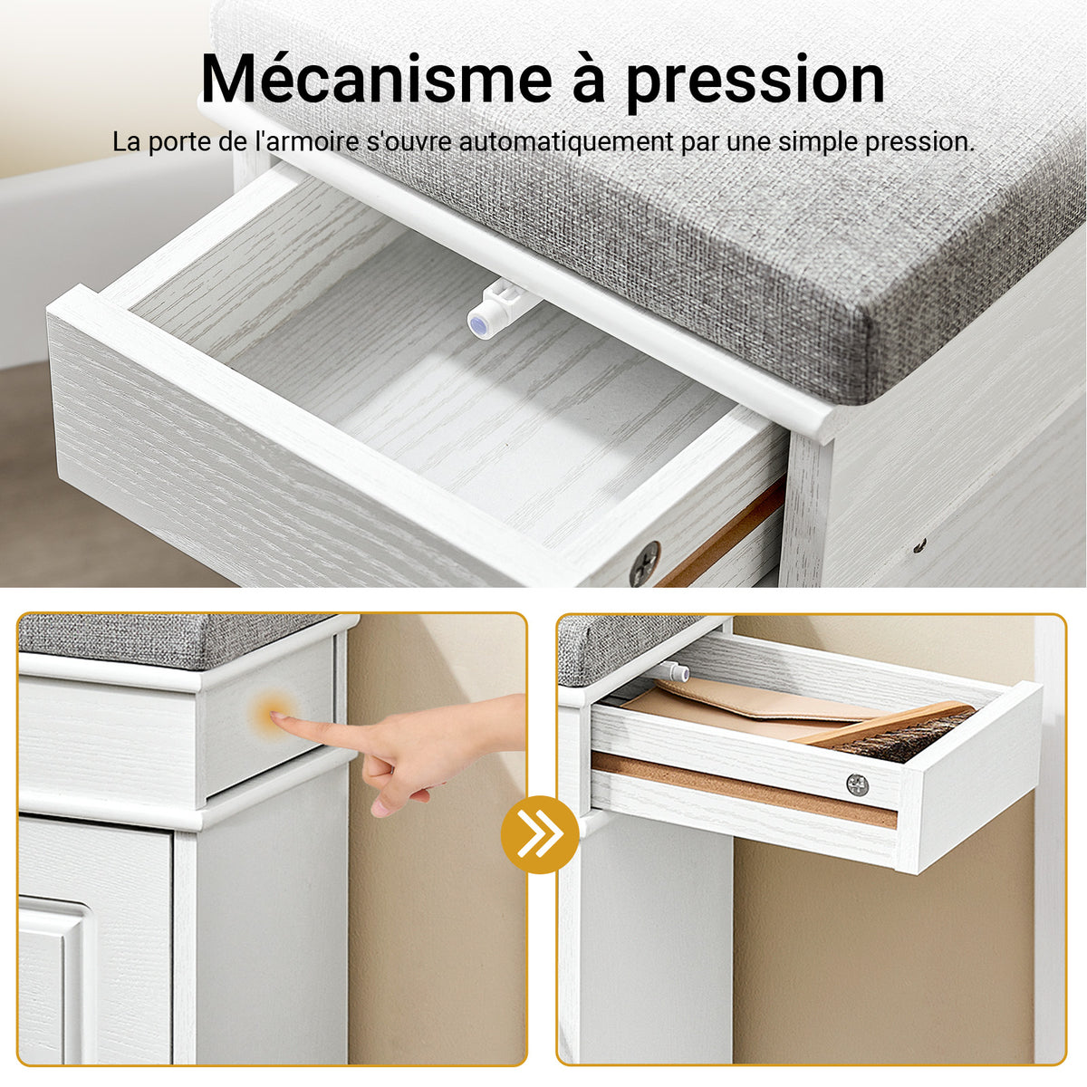Banc à chaussures blanc avec mécanisme à pression – tiroir coulissant s'ouvrant automatiquement d'une simple pression