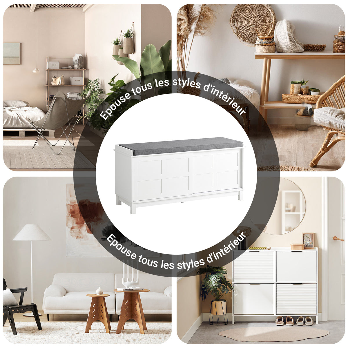 SoBuy FSR86-W Banc à Chaussures avec Coussin Rembourré et 2 Portes, Grande Capacité pour Entrée – 114x40x53 cm, Blanc