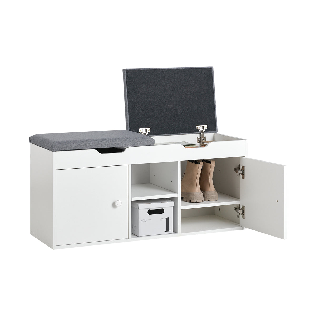 SoBuy FSR96-W Meuble Chaussure Banc à Chaussures avec Coussin Rembourré, 2 Portes, 3 Étagères Réglables – Rangement Chaussure