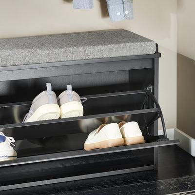 SoBuy FSR98-L-SCH Banc à Chaussures avec Coussin Rembourré et 1 Abattant pour Entrée Couloir – 80x26x45 cm, Noir