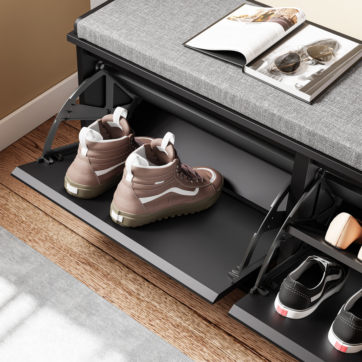 SoBuy FSR98-XL-SCH Banc à Chaussures avec Coussin et 2 Abattants – 100×26×46 cm, 158 kg, Noir