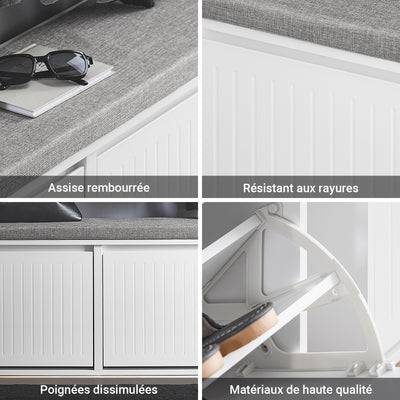 SoBuy FSR98-XL-W Banc à Chaussures avec Coussin Rembourré et 2 Abattants pour Entrée Couloir – 100x26x46 cm, Blanc