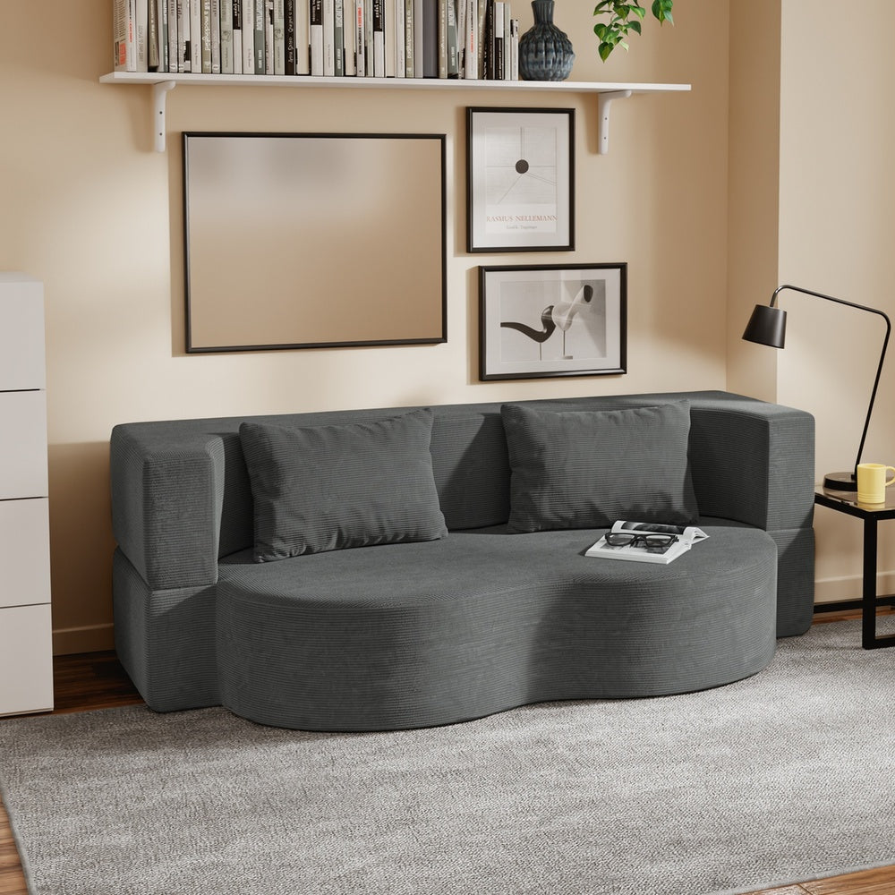 SoBuy FST101-DG Canapé-Lit Convertible 2 Places Gris Foncé – Design Organique en Velours Côtelé, 2 Coussins Inclus, Lit d'Appoint pour Petit Salon – 177×107×32 cm, Charge 227 kg