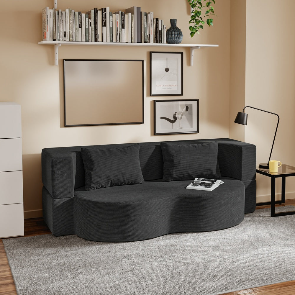 SoBuy FST101-SCH Canapé-Lit Convertible 2 Places Noir – Lit d'Appoint Dépliable pour Petits Espaces, Velours Côtelé Entièrement Déhoussable – 177×107×32 cm, Charge 227 kg