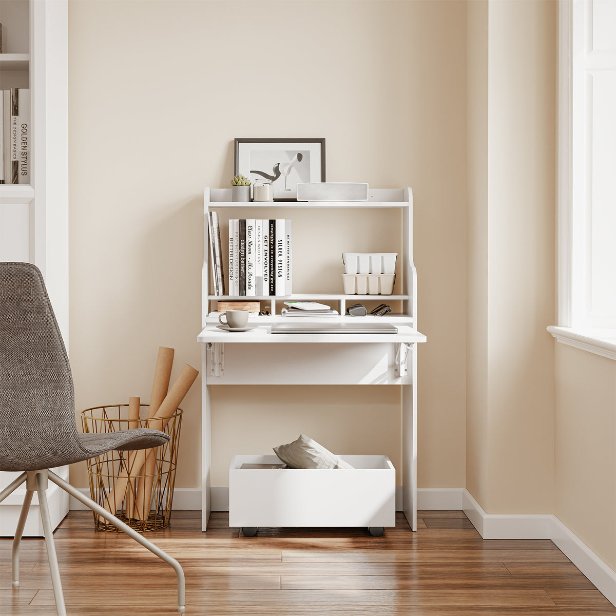 SoBuy FWT105-II-W Bureau Rabattable Ultra-fin 25 cm avec Étagères et Boîte Coulissante à Roulettes – Blanc, 64×25×100,6 cm