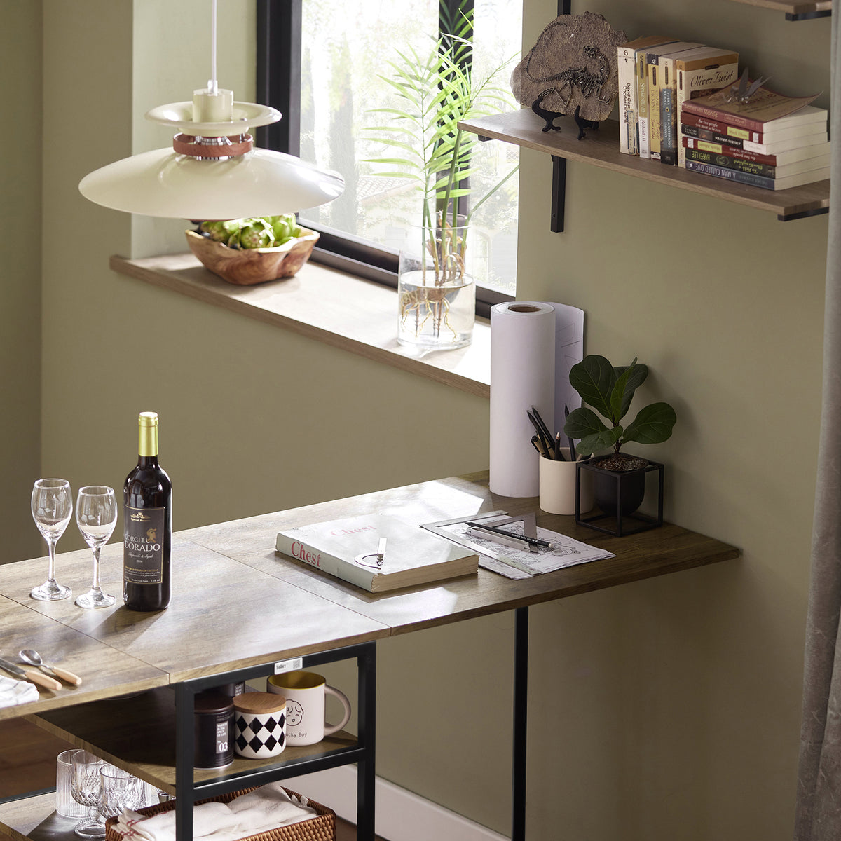 SoBuy FWT62-N Table Pliante avec 2 Abattants et 3 Étagères de Rangement, Table de Cuisine Salle à Manger Pliable, Économie d'espace, 180 x 60 x 77cm