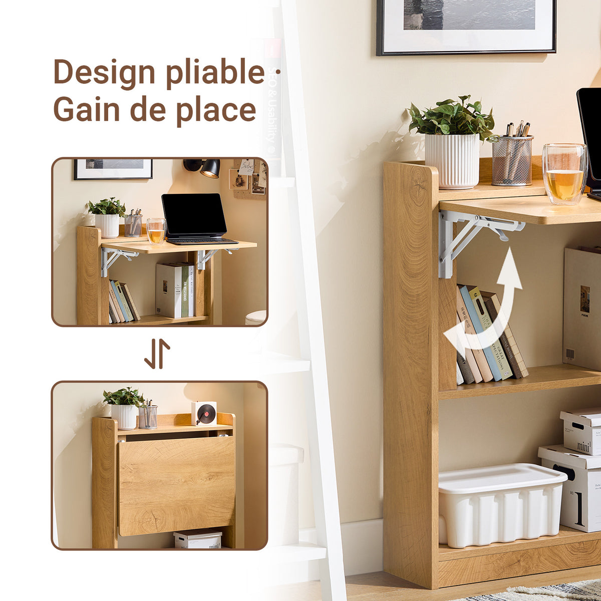 SoBuy FWT92-N Bureau Mural Pliant avec 3 Étagères Intégrées – 64×58×82 cm Déplié, 20 cm Plié, Charge 35 kg, Naturel