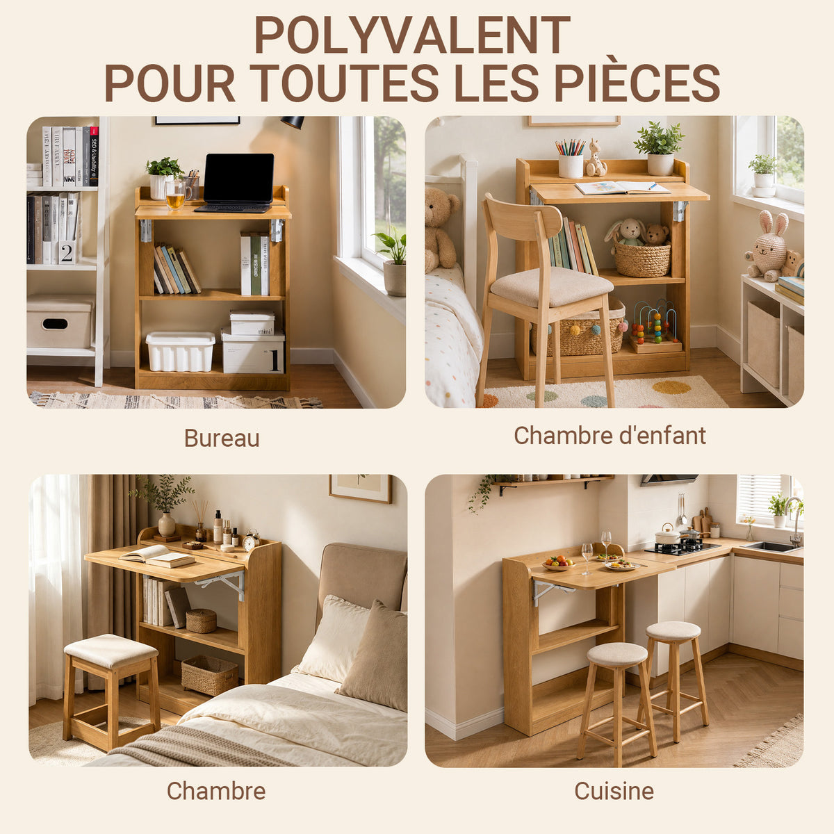 SoBuy FWT92-N Bureau Mural Pliant avec 3 Étagères Intégrées – 64×58×82 cm Déplié, 20 cm Plié, Charge 35 kg, Naturel