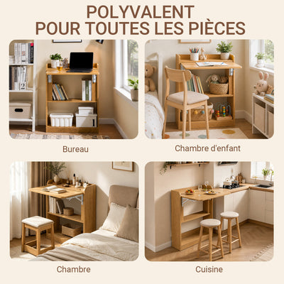 SoBuy FWT92-N Bureau Mural Pliant avec 3 Étagères Intégrées – 64×58×82 cm Déplié, 20 cm Plié, Charge 35 kg, Naturel