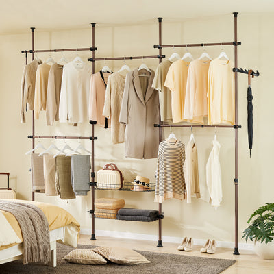 SoBuy KLS04-II-BR Portant à vêtements télescopique solide - Penderie ouverte réglable avec tringles et étagères, Porte manteau pour chambre/dressing, Marron