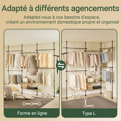 SoBuy KLS04-II-BR Portant à vêtements télescopique solide - Penderie ouverte réglable avec tringles et étagères, Porte manteau pour chambre/dressing, Marron