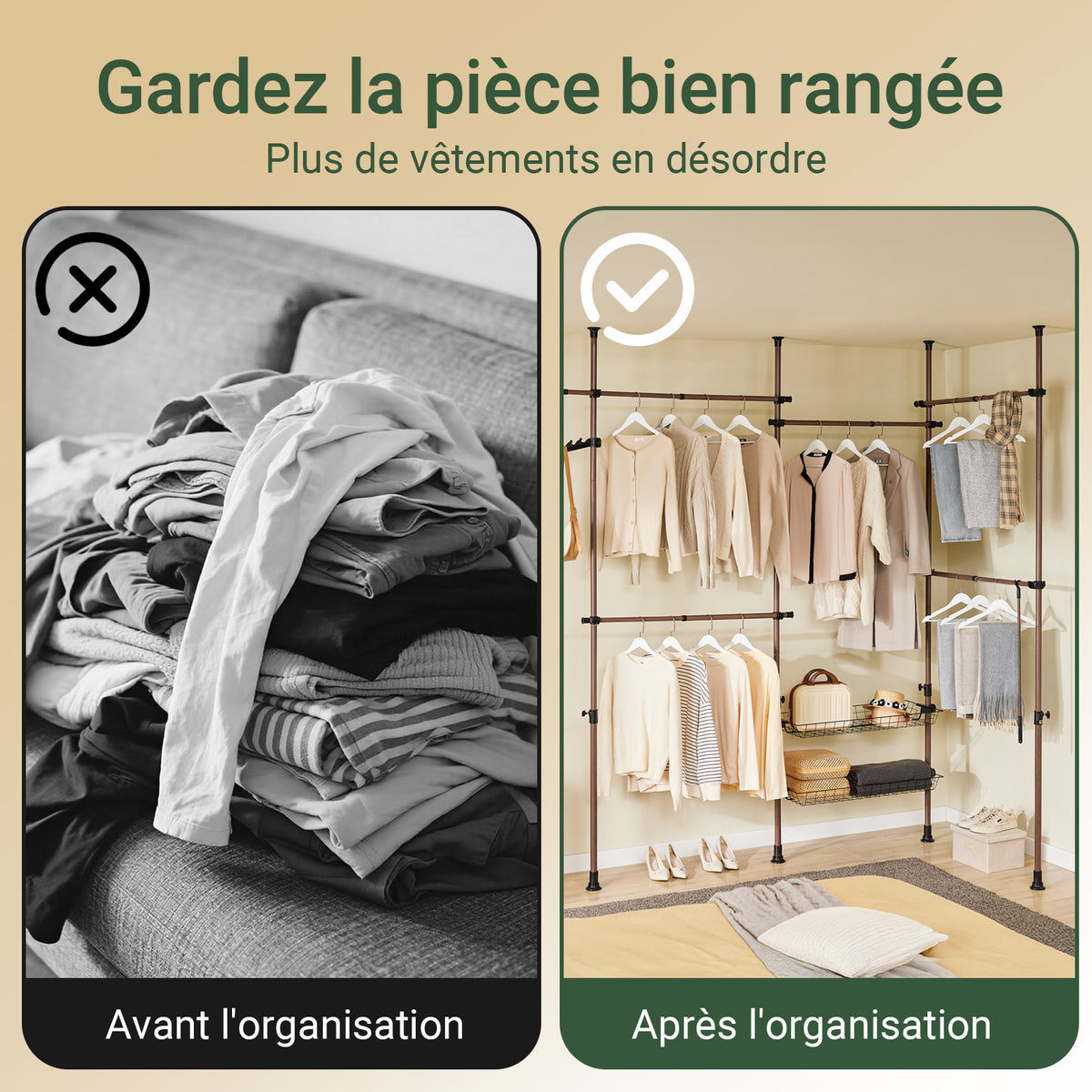 SoBuy KLS04-II-BR Portant à vêtements télescopique solide - Penderie ouverte réglable avec tringles et étagères, Porte manteau pour chambre/dressing, Marron