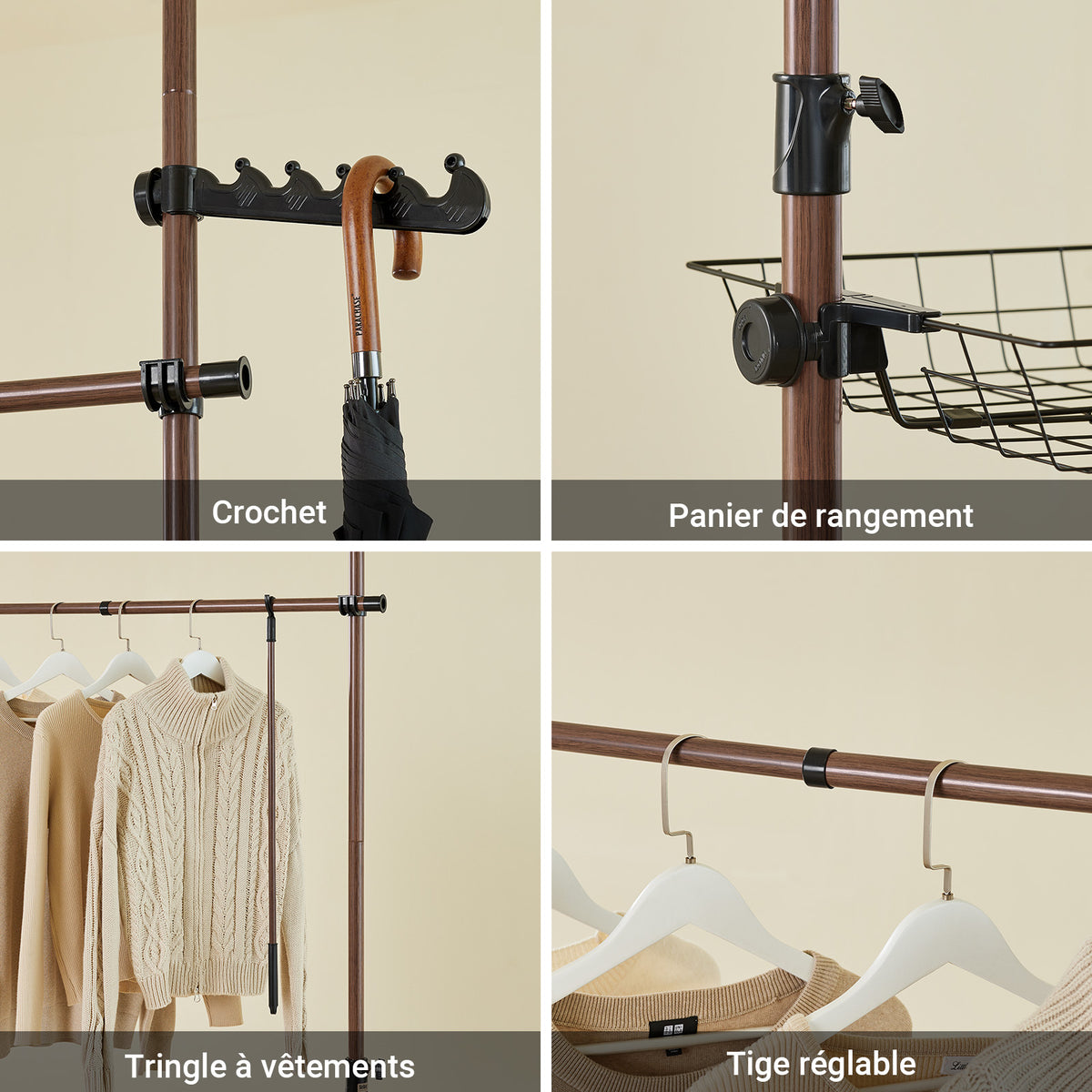 SoBuy KLS04-II-BR Portant à vêtements télescopique solide - Penderie ouverte réglable avec tringles et étagères, Porte manteau pour chambre/dressing, Marron