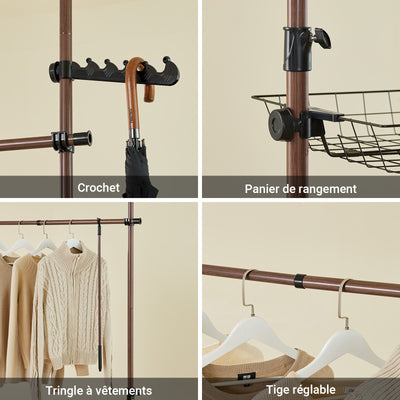 SoBuy KLS04-II-BR Portant à vêtements télescopique solide - Penderie ouverte réglable avec tringles et étagères, Porte manteau pour chambre/dressing, Marron