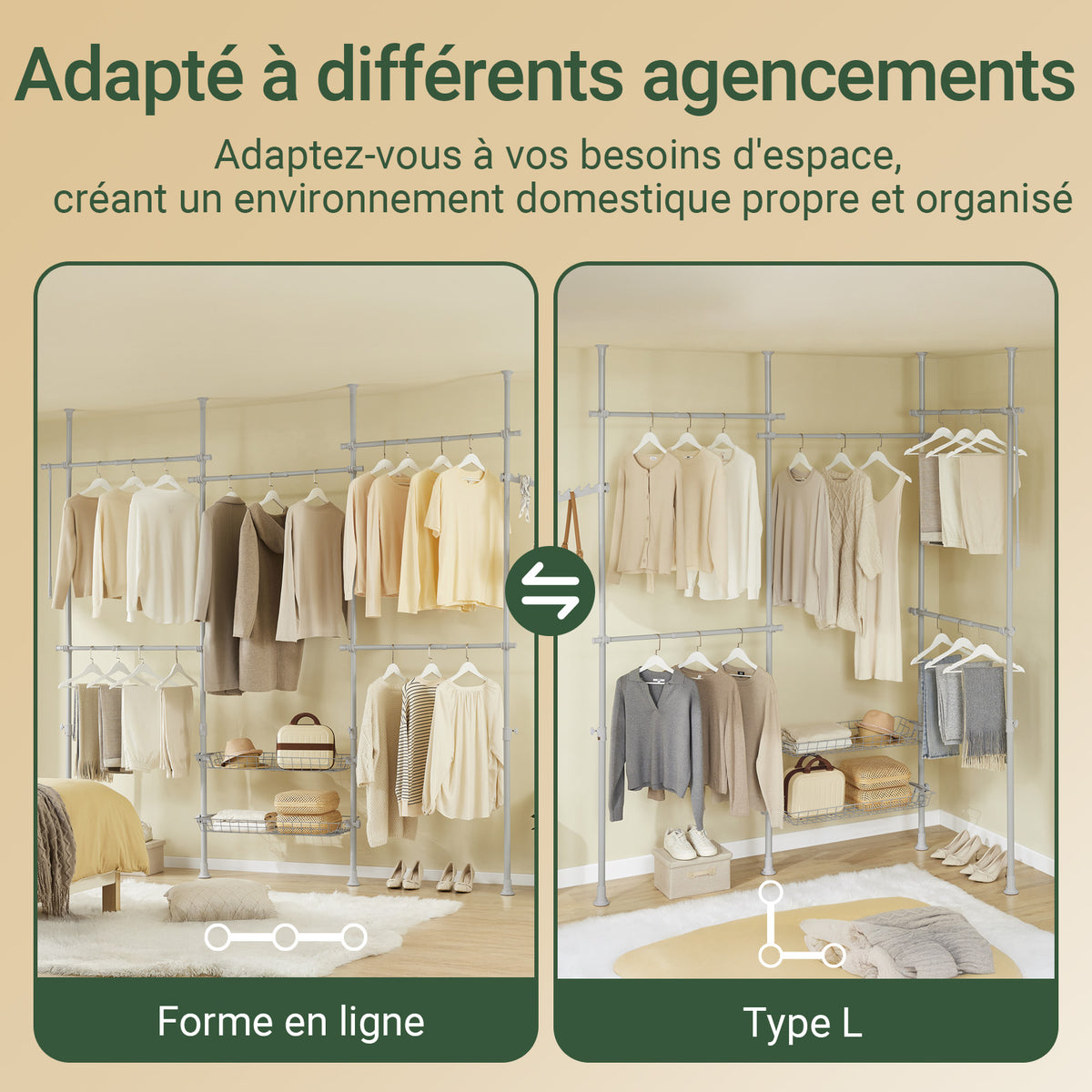 SoBuy KLS04-II-HG Portant à vêtements télescopique solide - Penderie ouverte réglable avec tringles et étagères, Porte manteau pour chambre/dressing, Gris