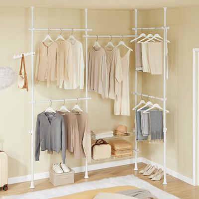 SoBuy KLS04-II-W Portant à vêtements télescopique solide - Penderie ouverte réglable avec tringles et étagères, Porte manteau pour chambre/dressing, Blanc