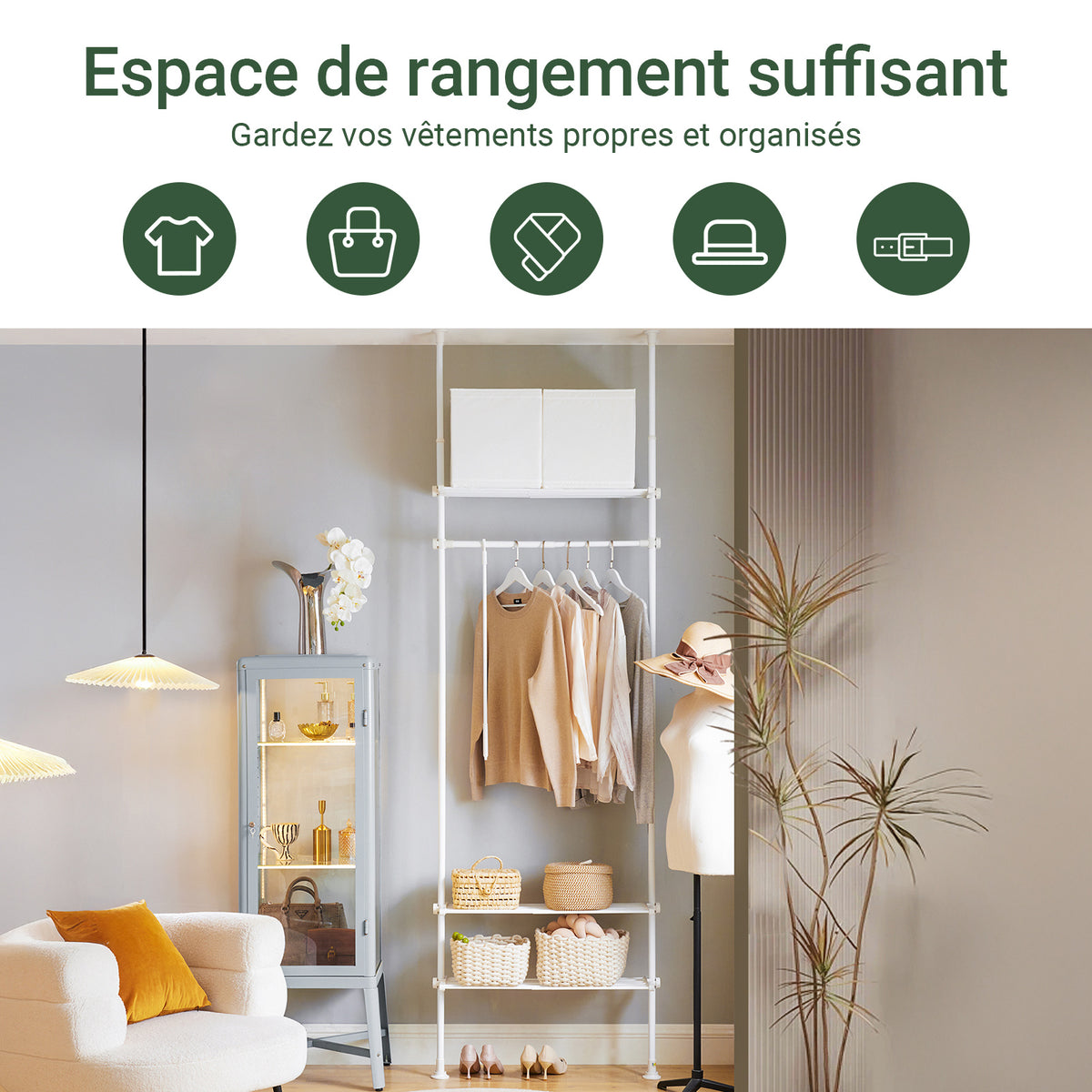 SoBuy KLS07-W Portant à vêtements télescopique solide - Penderie ouverte réglable avec tringles et étagères, Porte manteau pour chambre/dressing, Blanc