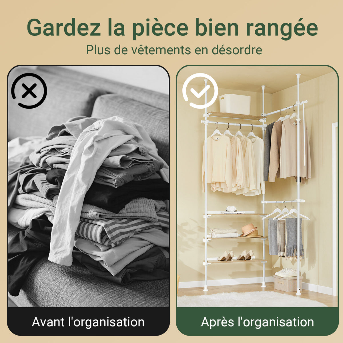 SoBuy KLS17-WN Portant à vêtements télescopique avec 3 tringles et 4 étagères – Blanc / Bois naturel