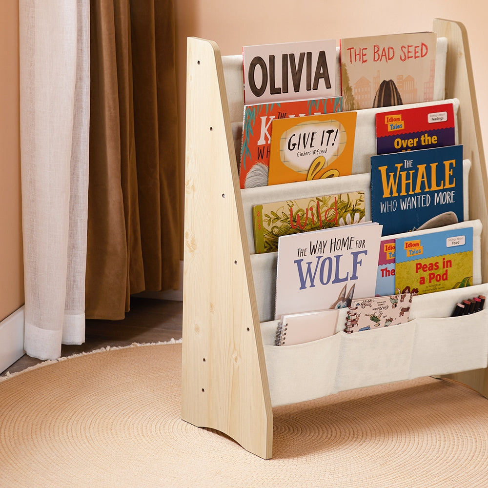 SoBuy KMB50-N Bibliothèque Enfant Meuble Rangement Jouet et Livres pour Chambre Enfant Étagère à Livre avec 4 Compartiments et 3 Poches Tissu Naturel 63x28x76cm
