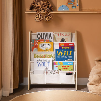 SoBuy KMB50-N Bibliothèque Enfant Meuble Rangement Jouet et Livres pour Chambre Enfant Étagère à Livre avec 4 Compartiments et 3 Poches Tissu Naturel 63x28x76cm