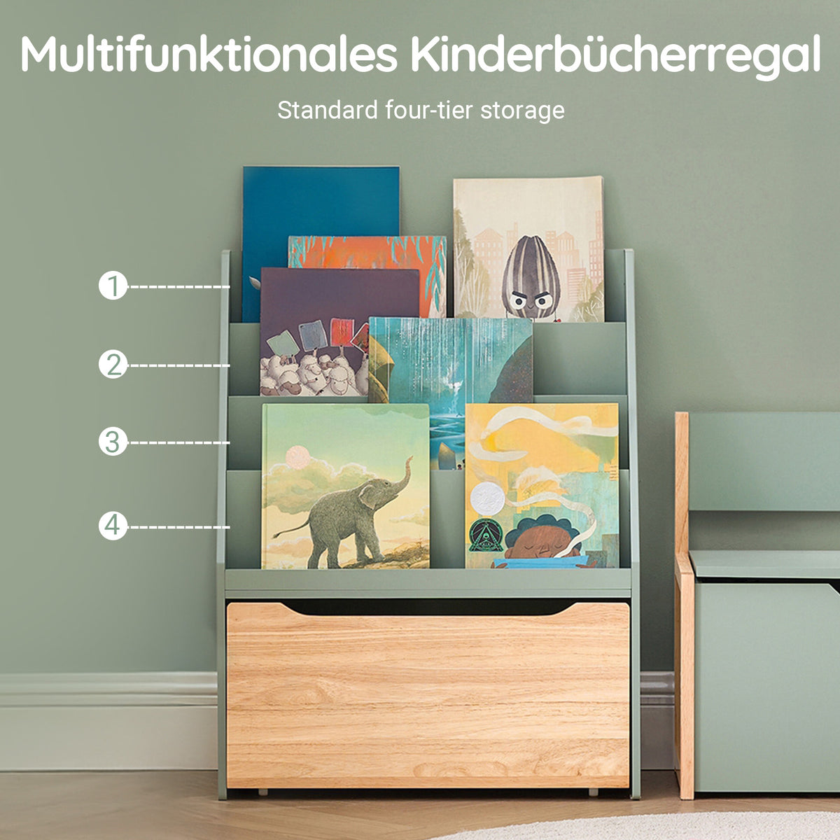 4 étagères offrant un vaste espace de stockage pour livres et jouets.
