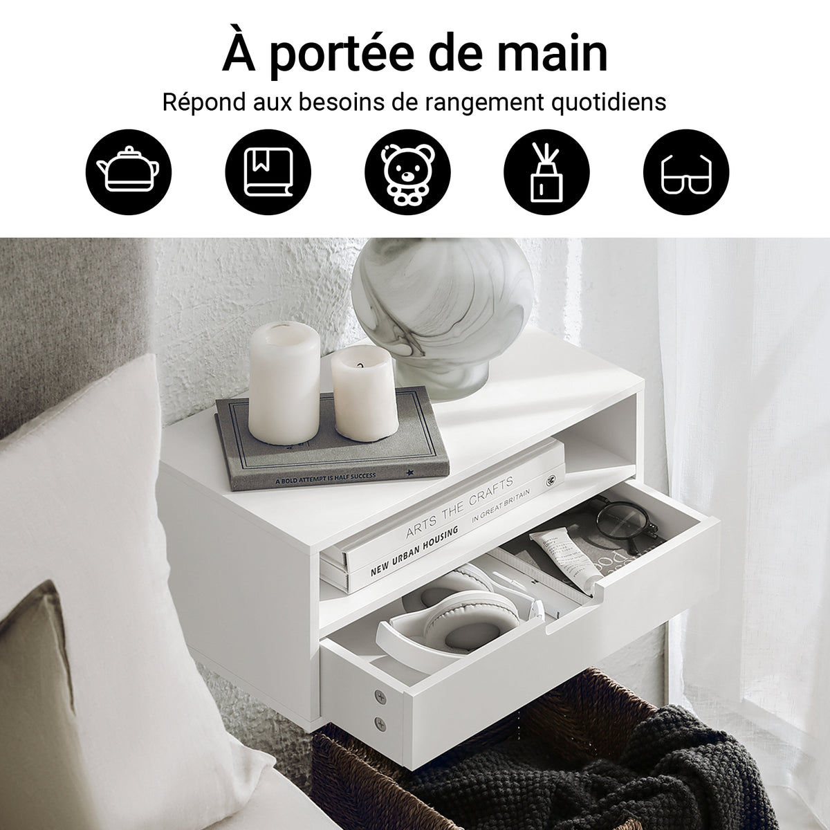 SoBuy NKD03-W Table de Chevet Murale, Table de Nuit Flottante avec Tiroir et Plateau, Étagère Murale pour Chambre à Coucher, L 45 x P 25 x H 22 cm, Blanc