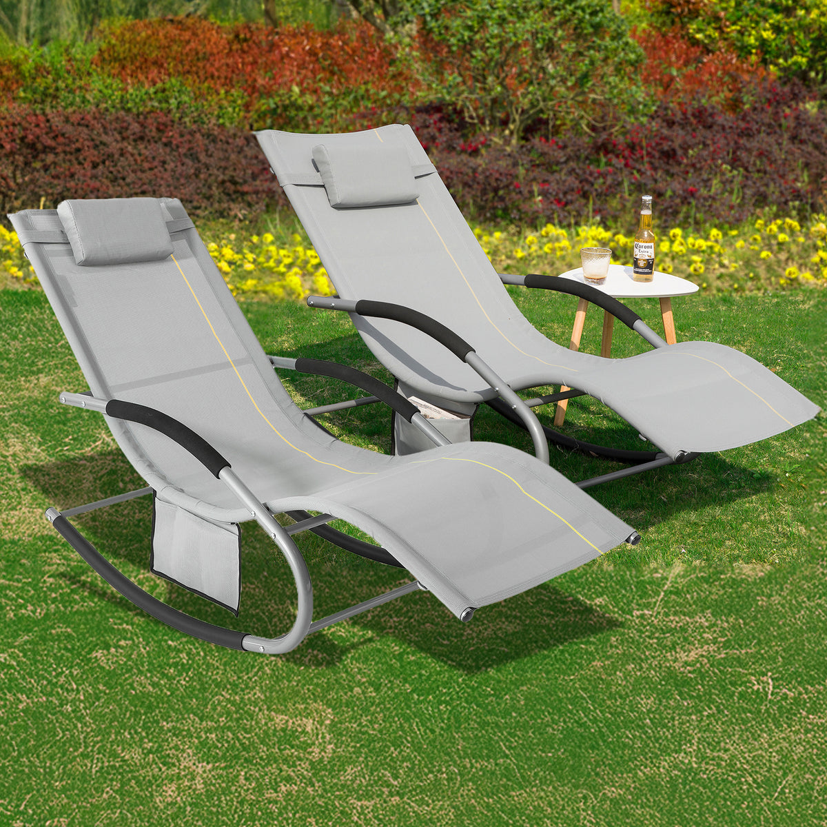 SoBuy OGS28-HGx2 Lot de 2 Chaises Longues à Bascule – Appui-Tête Réglable, Pochette Latérale, Textilène, Charge 150 kg, Gris