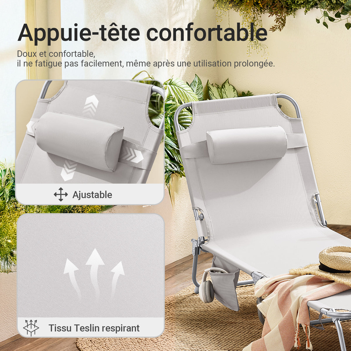 SoBuy OGS35-MIx2 Lot de 2 Transats de Jardin Pliable avec Oreiller et Poche Latérale, Chaise Longue Relax, Design Fonctionnel – L155×P56×H81 cm, Beige