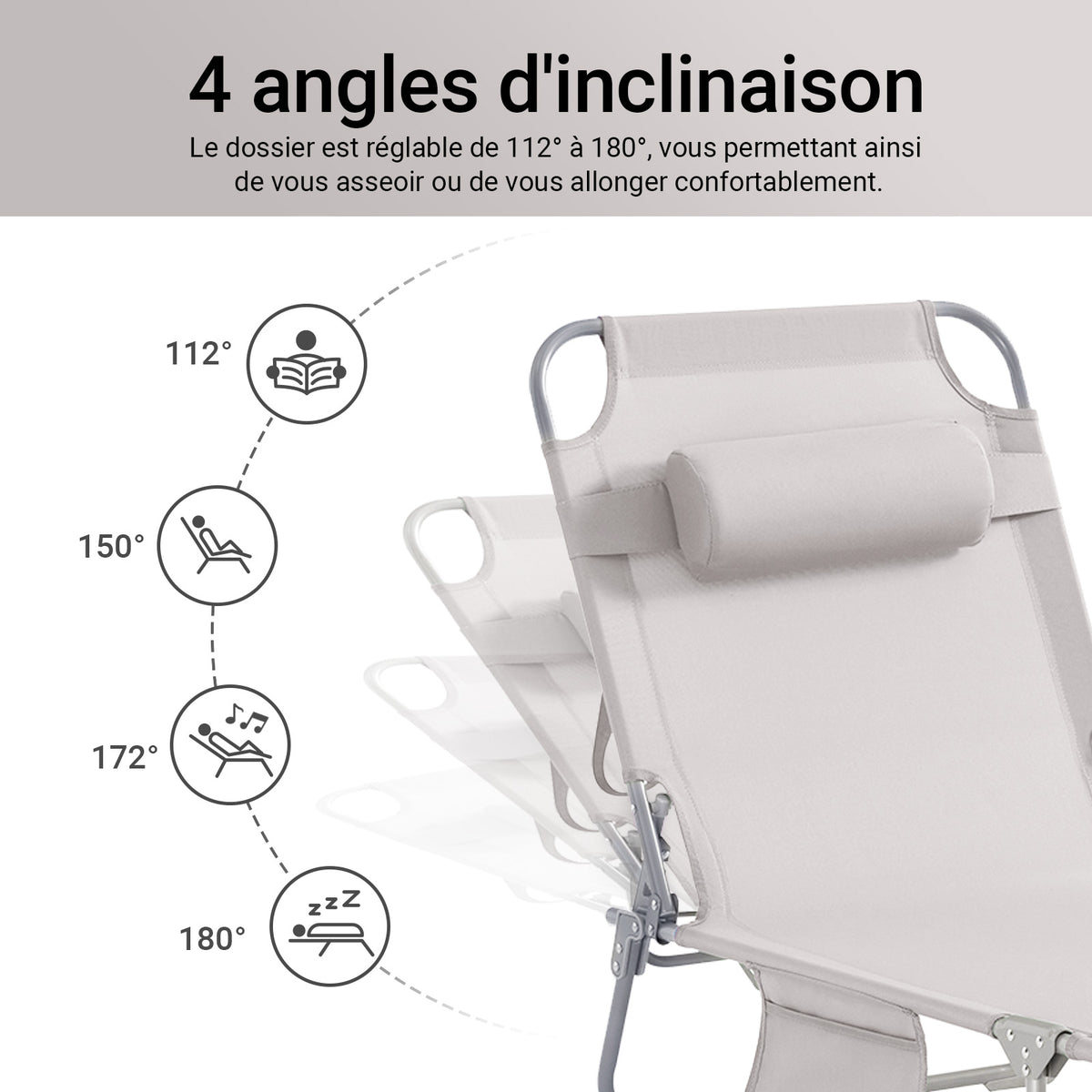 SoBuy OGS35-MIx2 Lot de 2 Transats de Jardin Pliable avec Oreiller et Poche Latérale, Chaise Longue Relax, Design Fonctionnel – L155×P56×H81 cm, Beige
