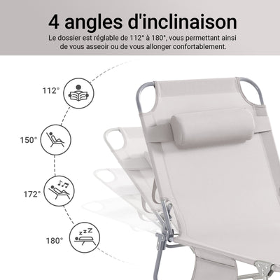 SoBuy OGS35-MIx2 Lot de 2 Transats de Jardin Pliable avec Oreiller et Poche Latérale, Chaise Longue Relax, Design Fonctionnel – L155×P56×H81 cm, Beige