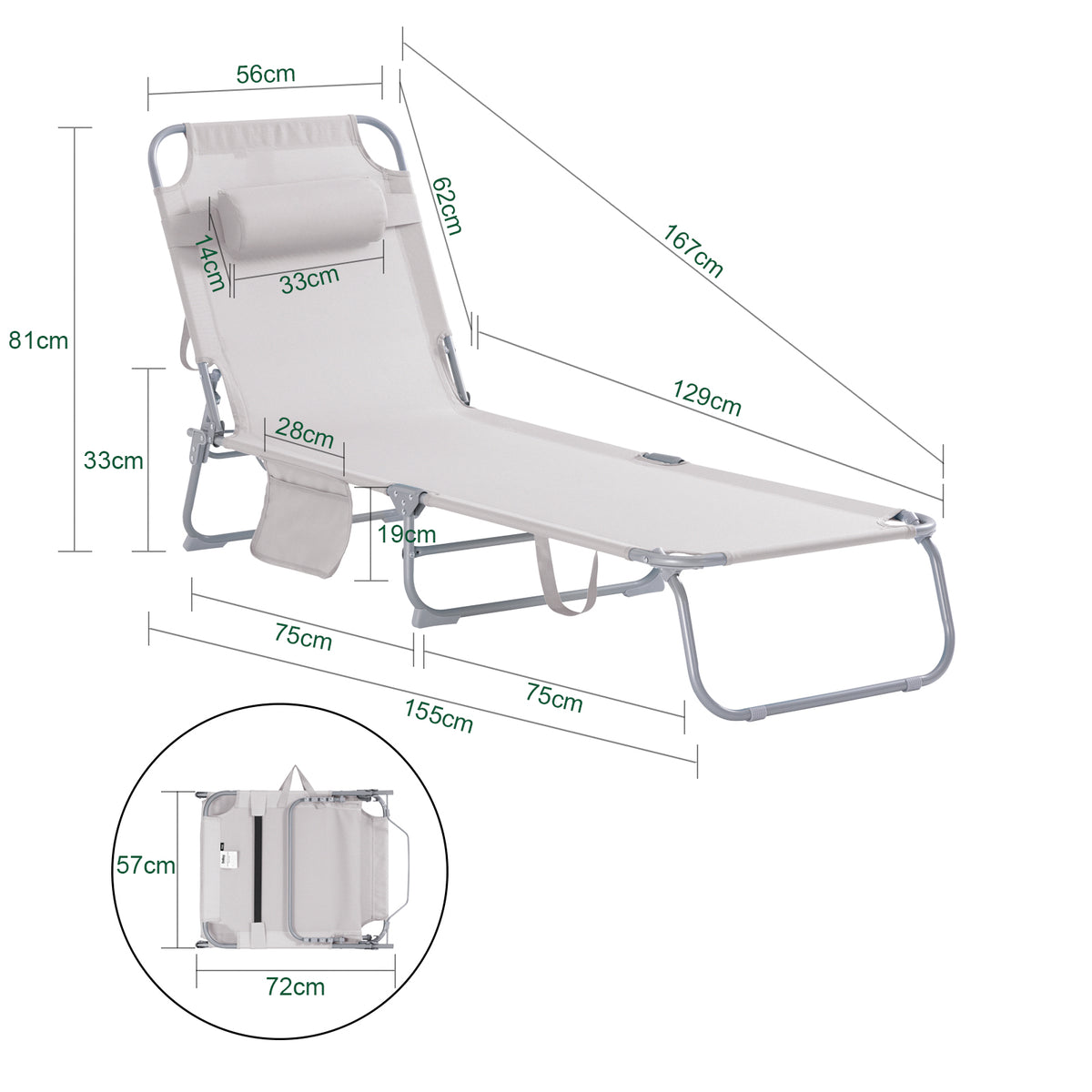 SoBuy OGS35-MIx2 Lot de 2 Transats de Jardin Pliable avec Oreiller et Poche Latérale, Chaise Longue Relax, Design Fonctionnel – L155×P56×H81 cm, Beige